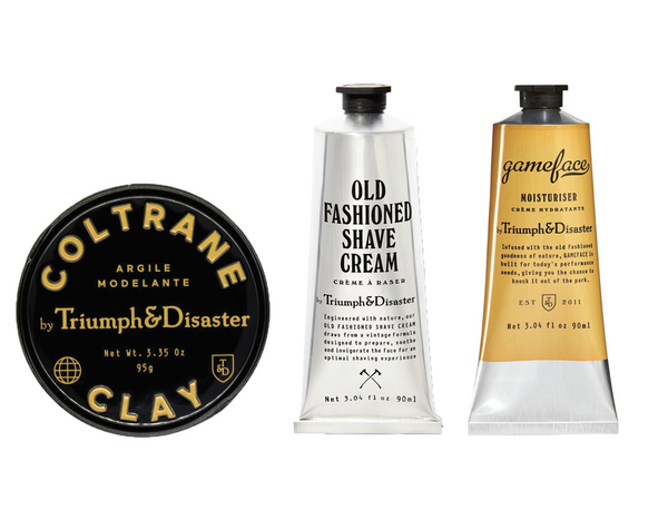 fathers day, gifts, gifting, best gifts for men, mens gifts, Coltrane, triumph and disaster, game face, old fashioned shaving cream, clay, shaving kit, shaving gift, 